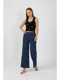 Akbeniz Kalın Askılı Body Bol Paça Kadın Pantolon 2li Takım Siyah Akbeniz 4221